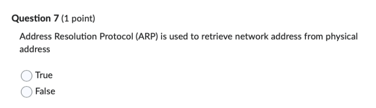Question 7 (1 point) Address Resolution Protocol (ARP) is used to retrieve