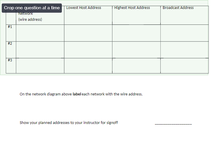 Crop one question at a time Network (wire address) #1 #2 #3