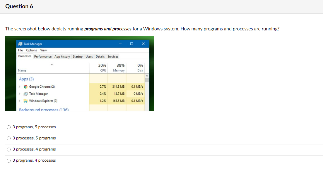 Question 6 The screenshot below depicts running programs and processes for a