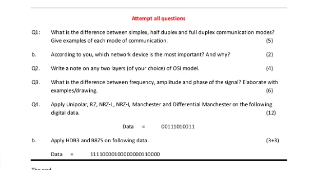 Attempt all questions Q1: What is the difference between simplex, half duplex