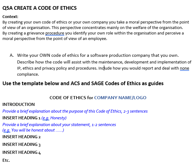 Q5A CREATE A CODE OF ETHICS Context: By creating your own code