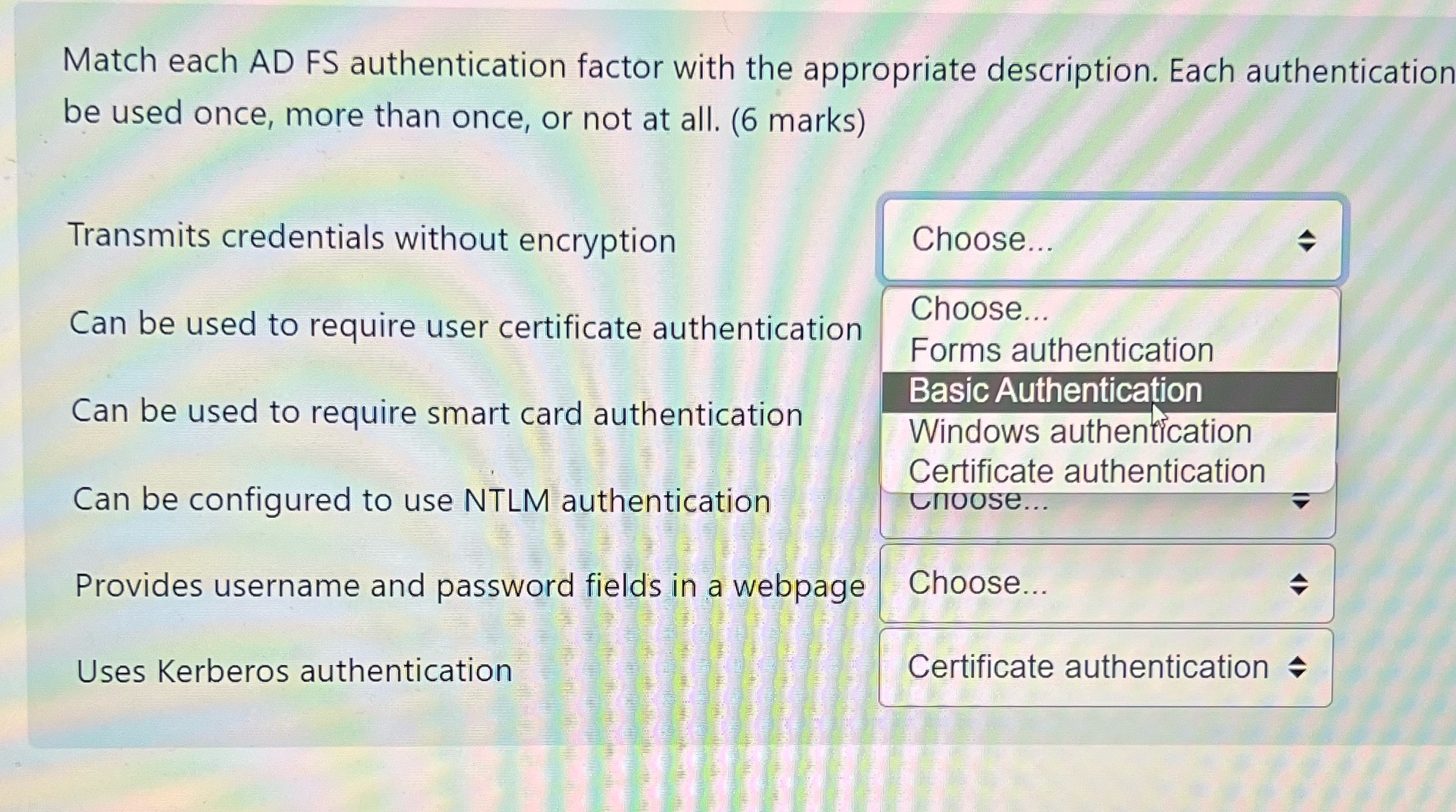 Match each AD FS authentication factor with the appropriate description. Each authentication