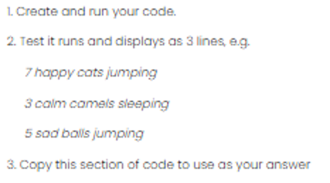 1. Create and run your code. 2. Test it runs and displays