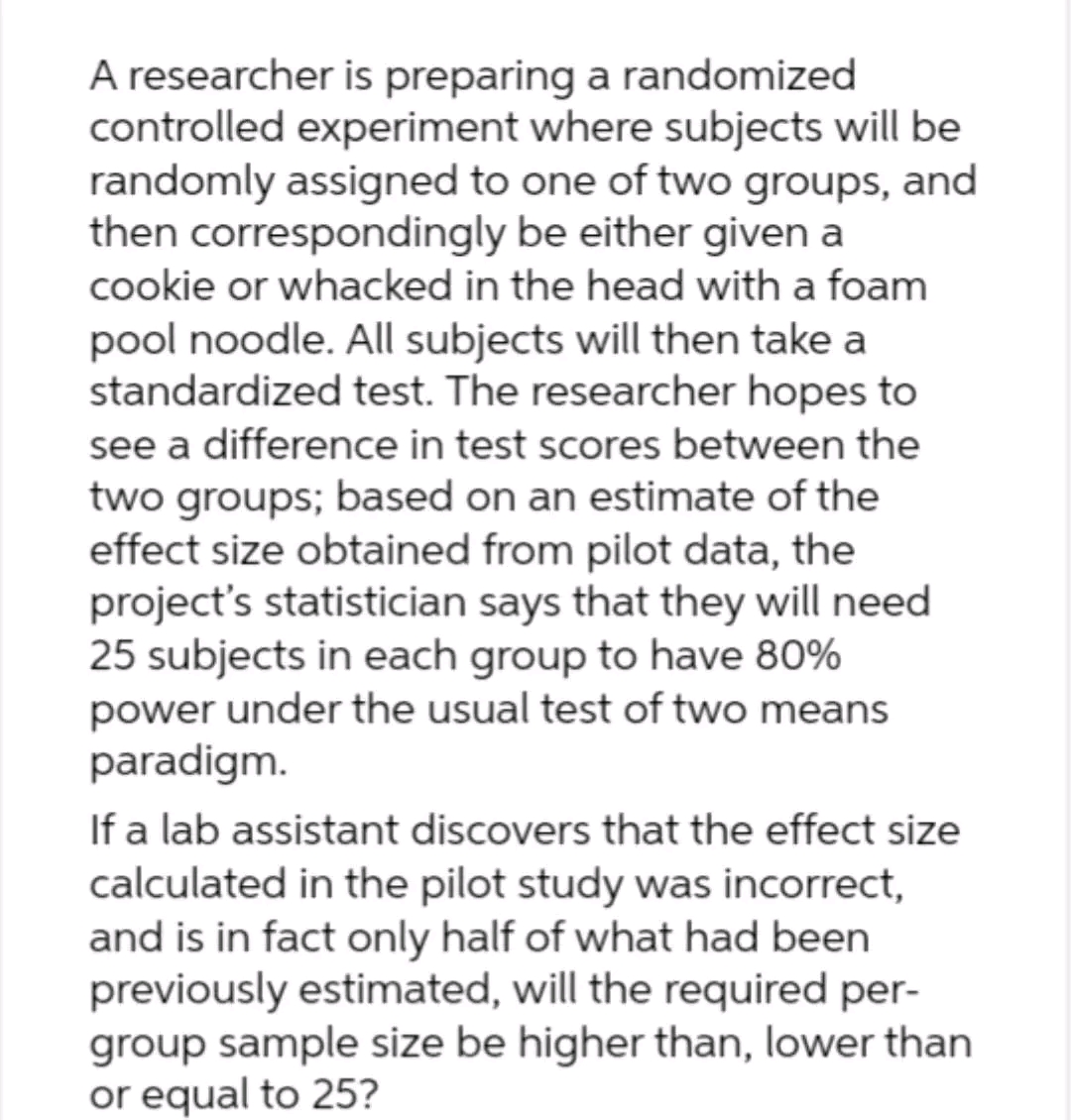 A researcher is preparing a randomized controlled experiment where subjects will be