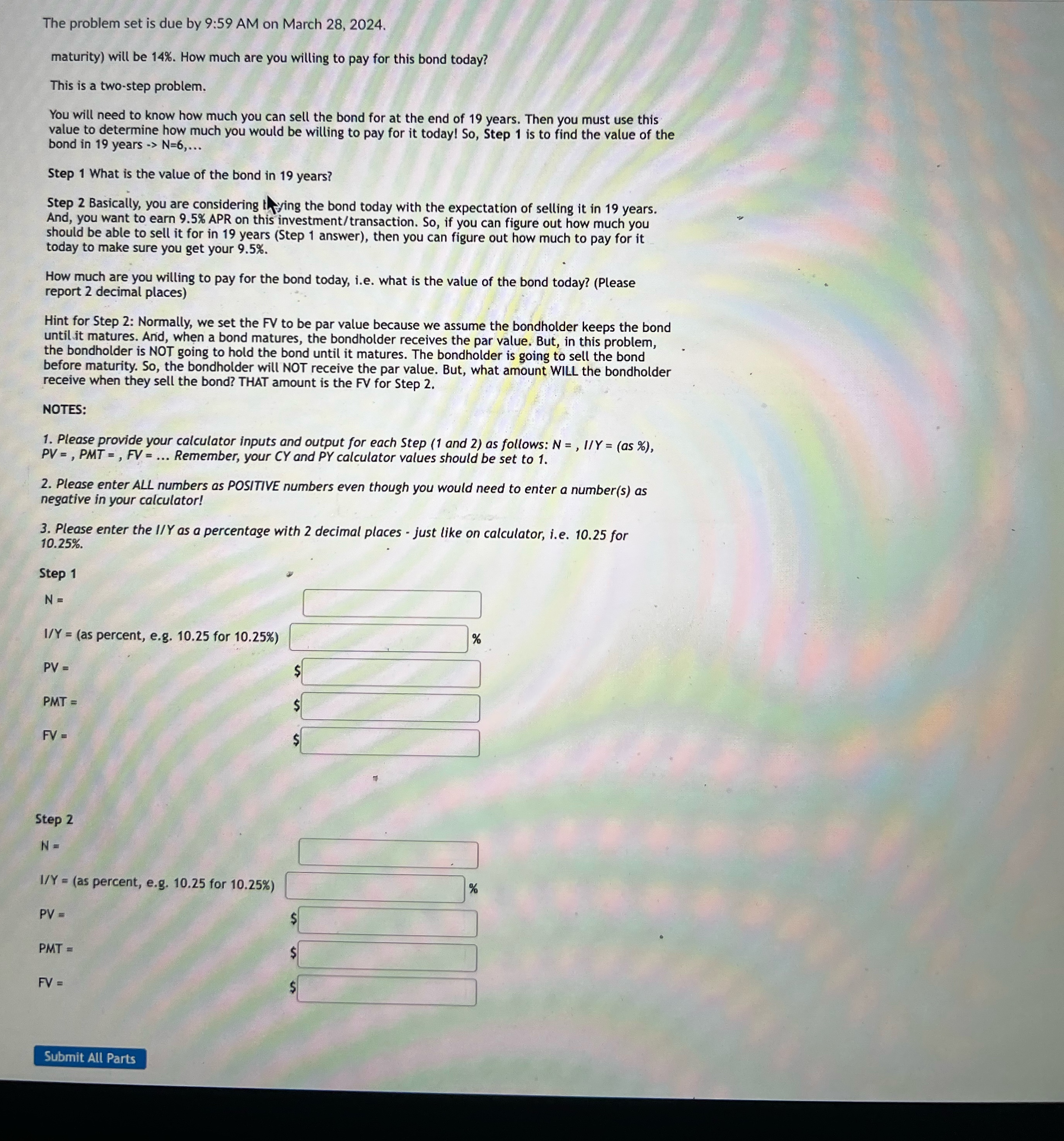 The problem set is due by 9:59 AM on March 28, 2024.