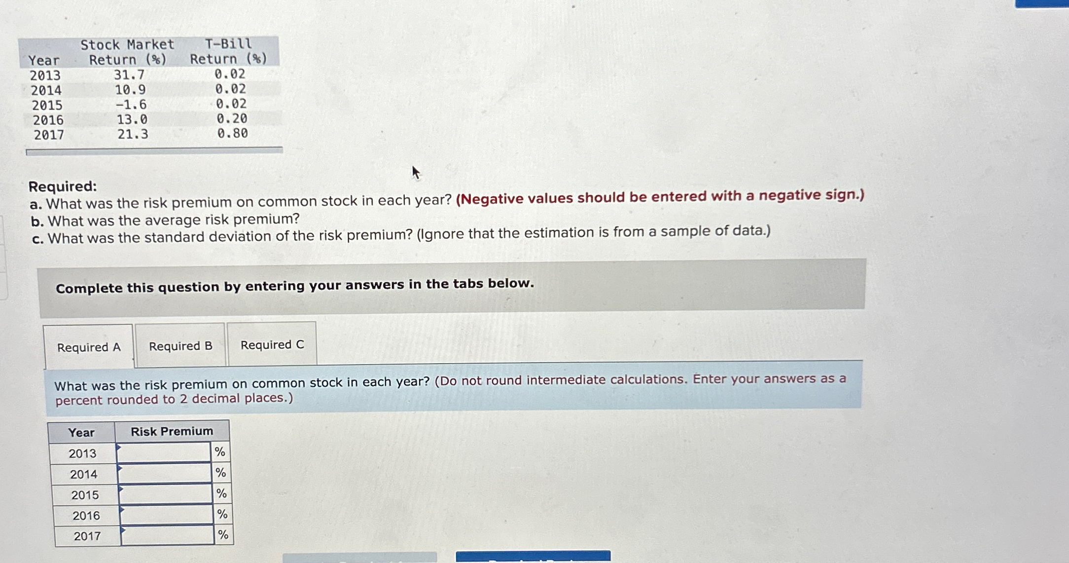 Stock Market T-Bill Year Return (%) Return (%) 2013 31.7 0.02 2014