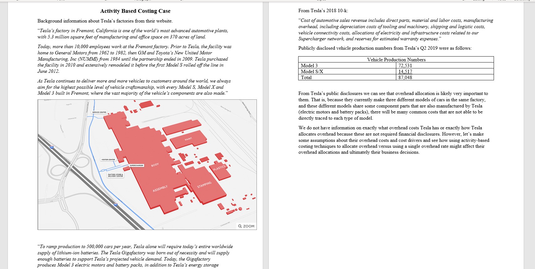 Activity Based Costing Case Background information about Tesla's factories from their website.