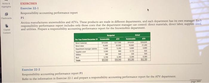 Notes & Highlights EXERCISES Exercise 22-1 Responsibility accounting performance report Flashcards Pl