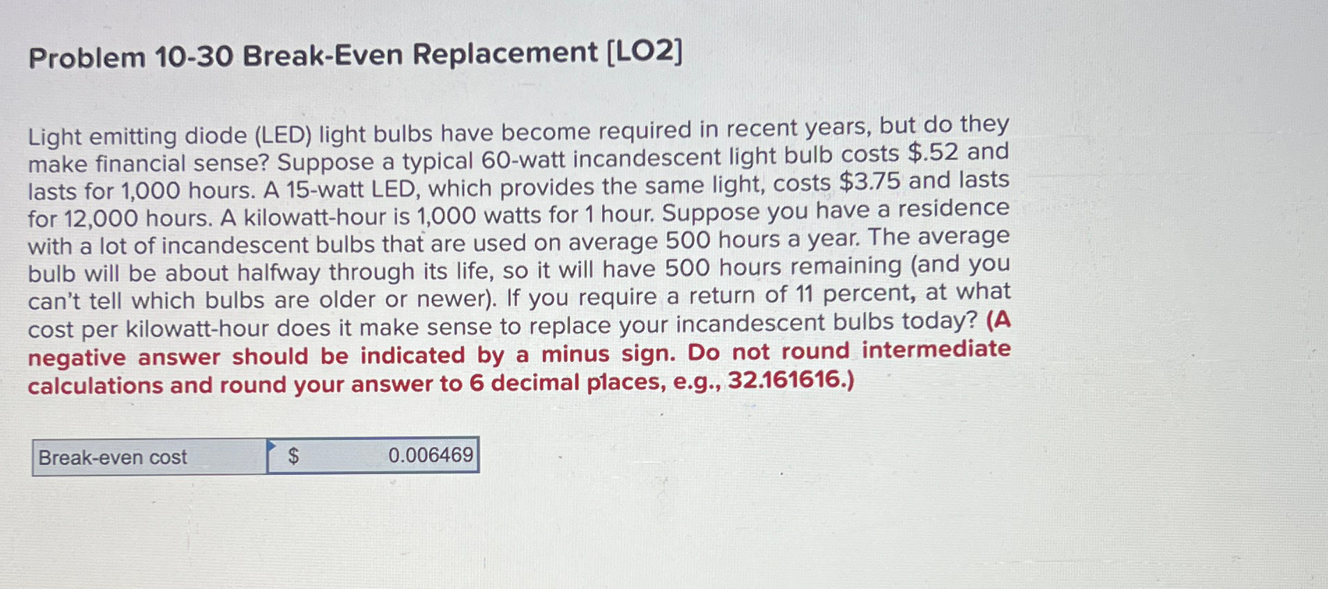 Problem 10-30 Break-Even Replacement [LO2] Light emitting diode (LED) light bulbs have