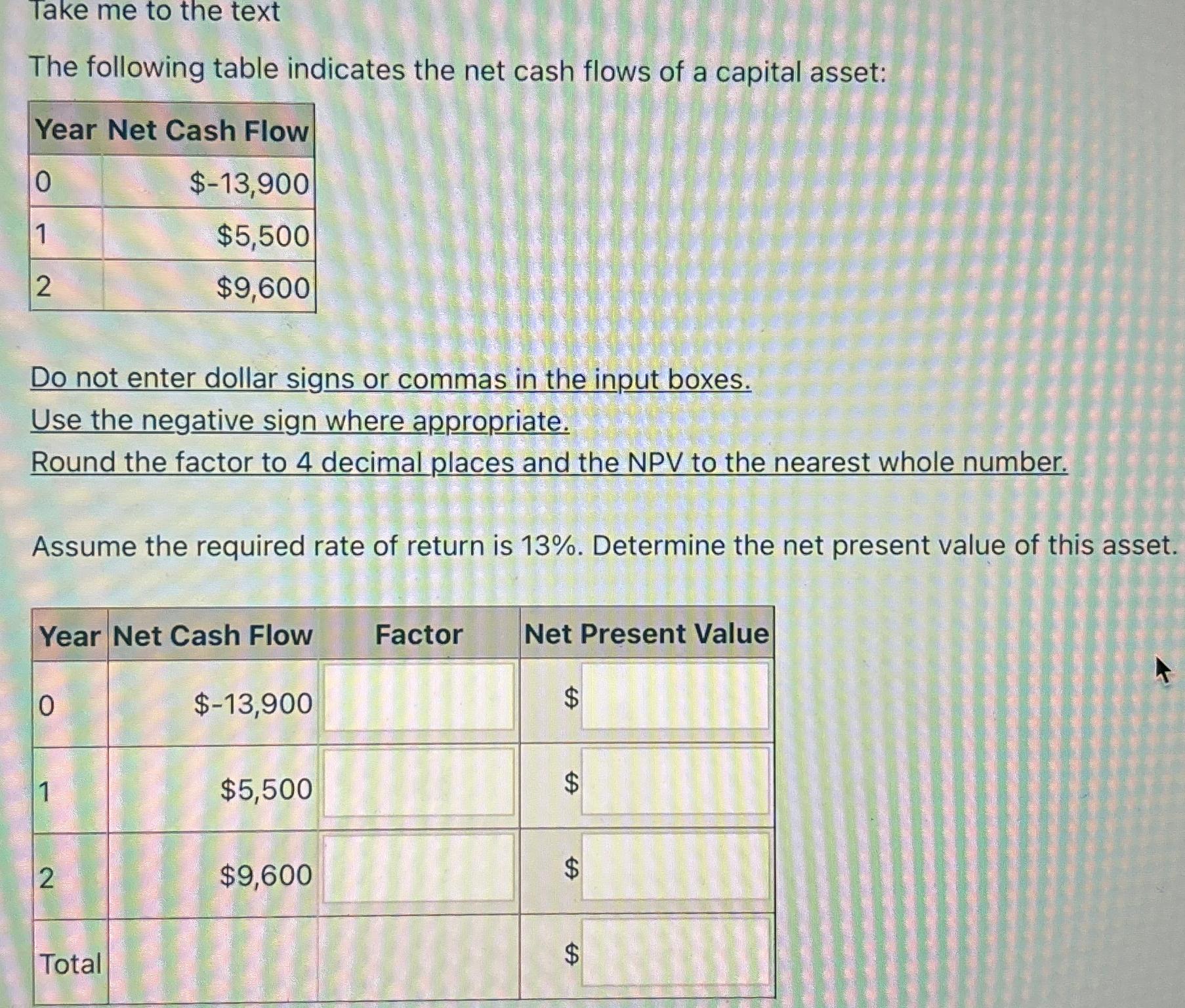 Take me to the text The following table indicates the net cash