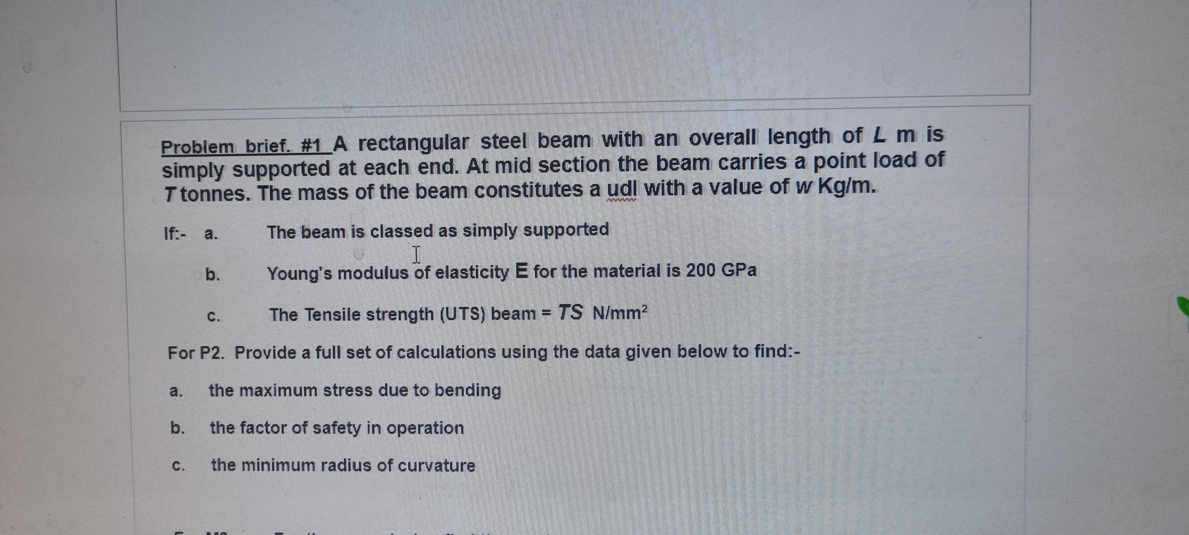 Problem brief. #1 A rectangular steel beam with an overall length of