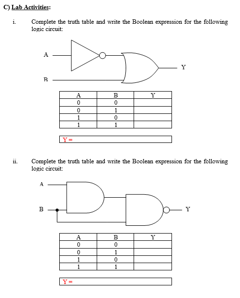 C) Lab Activities: i. Complete the truth table and write the Boolean