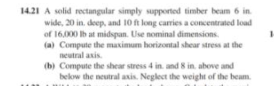 14.21 A solid rectangular simply supported timber beam 6 in. wide, 20