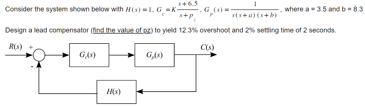 s+6.5 1 Consider the system shown below with H(s) = 1, G