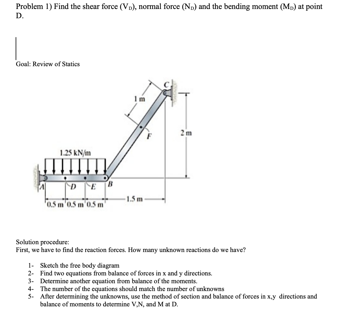 Problem 1) Find the shear force (VD), normal force (ND) and the