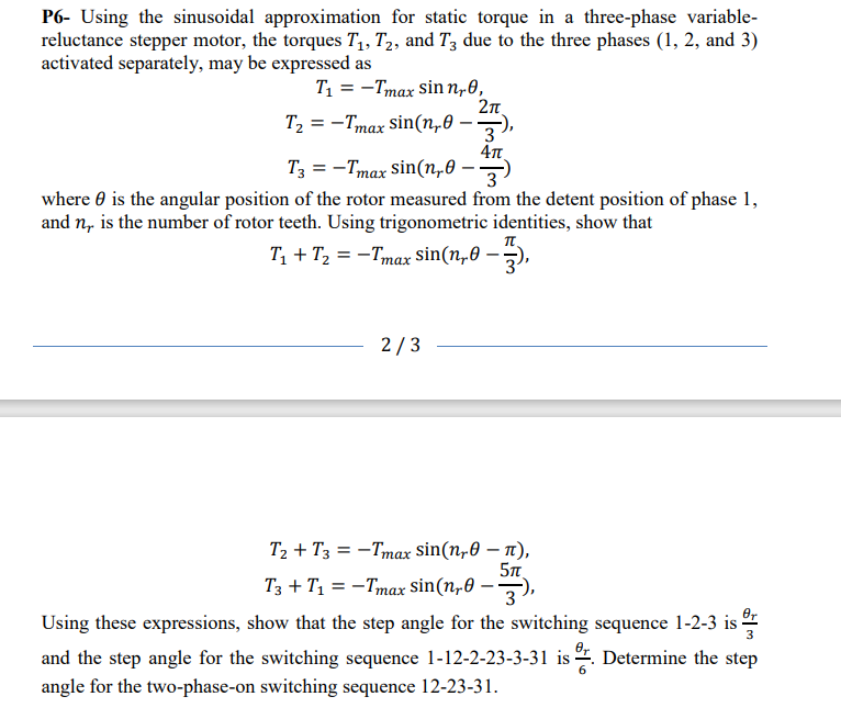 P6- Using the sinusoidal approximation for static torque in a three-phase variable-
