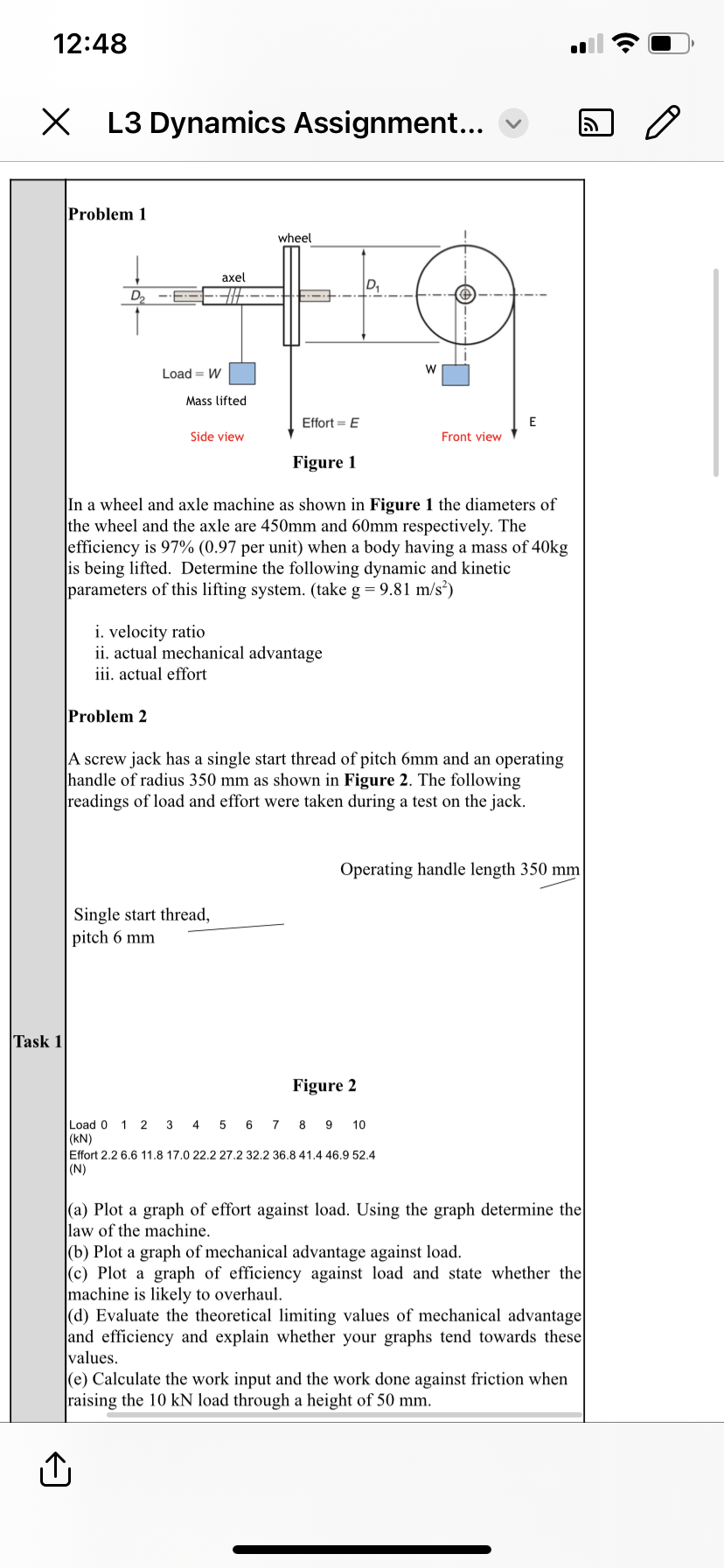 12:48 Task 1 L3 Dynamics Assignment... Problem 1 D Load = W