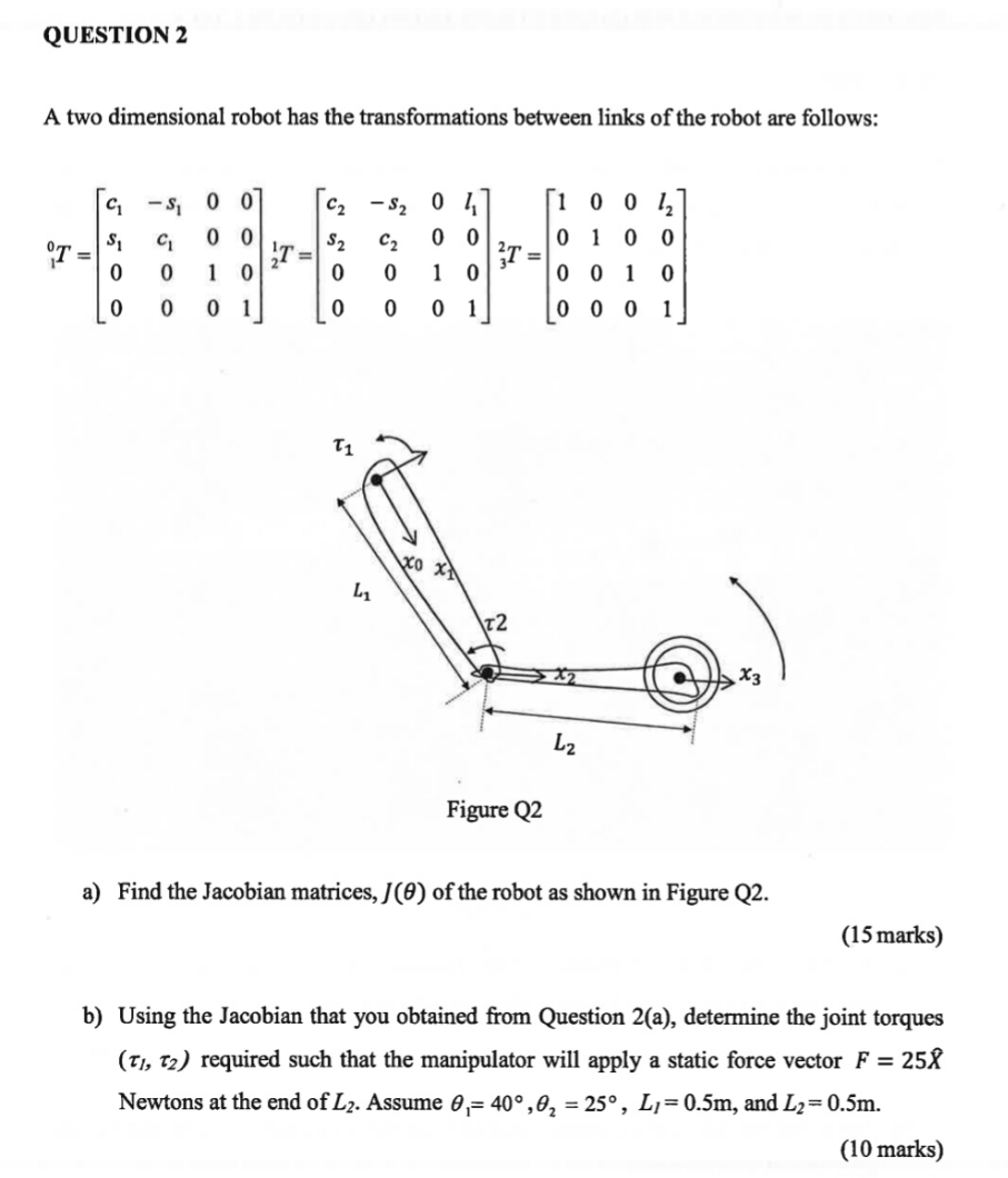 QUESTION 2 A two dimensional robot has the transformations between links of
