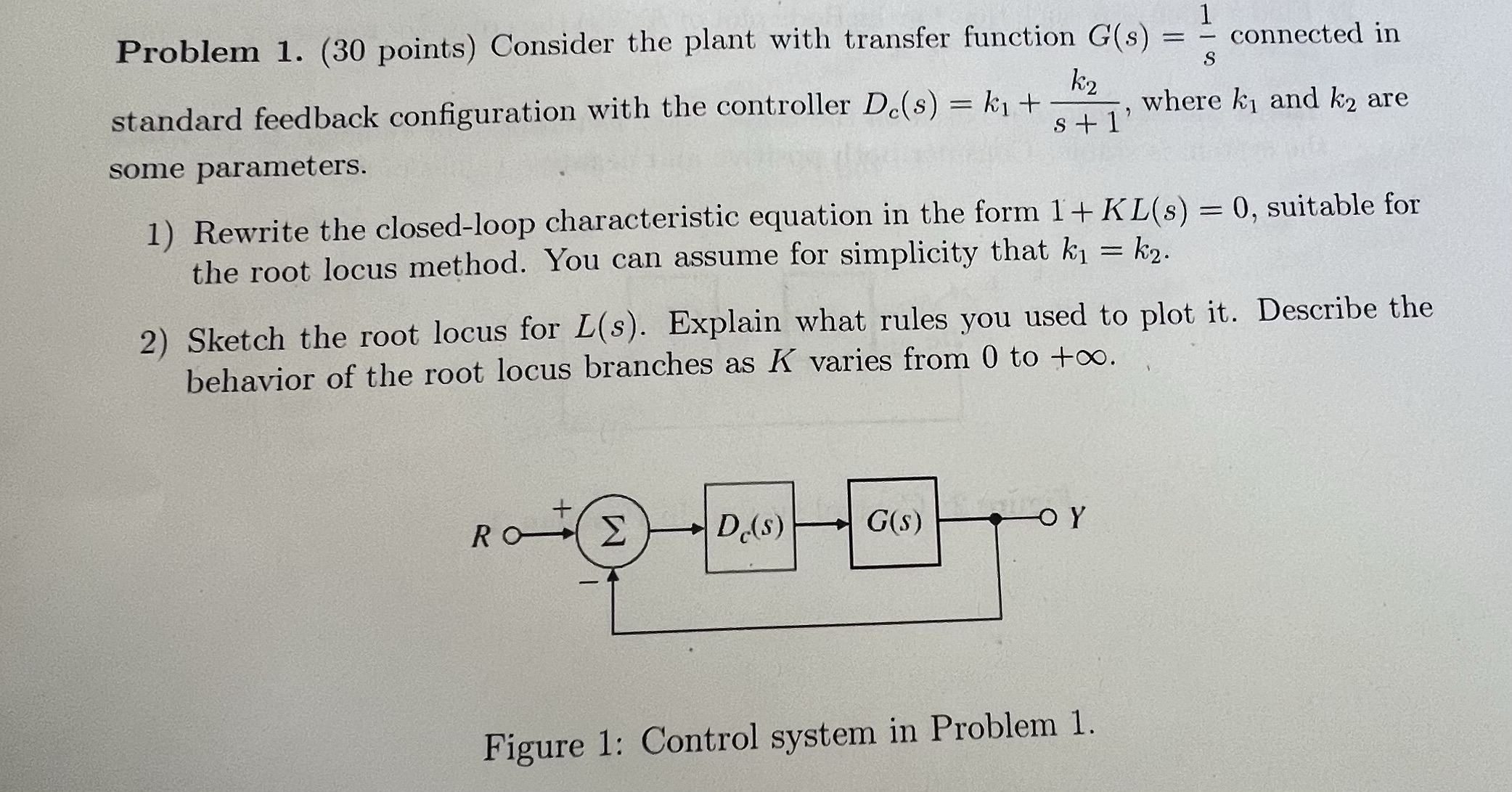 k2 Problem 1. (30 points) Consider the plant with transfer function G(s)