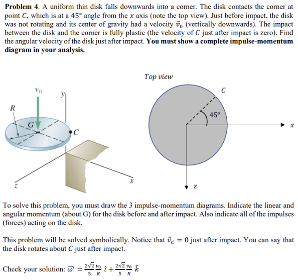Problem 4. A uniform thin disk falls downwards into a corner. The