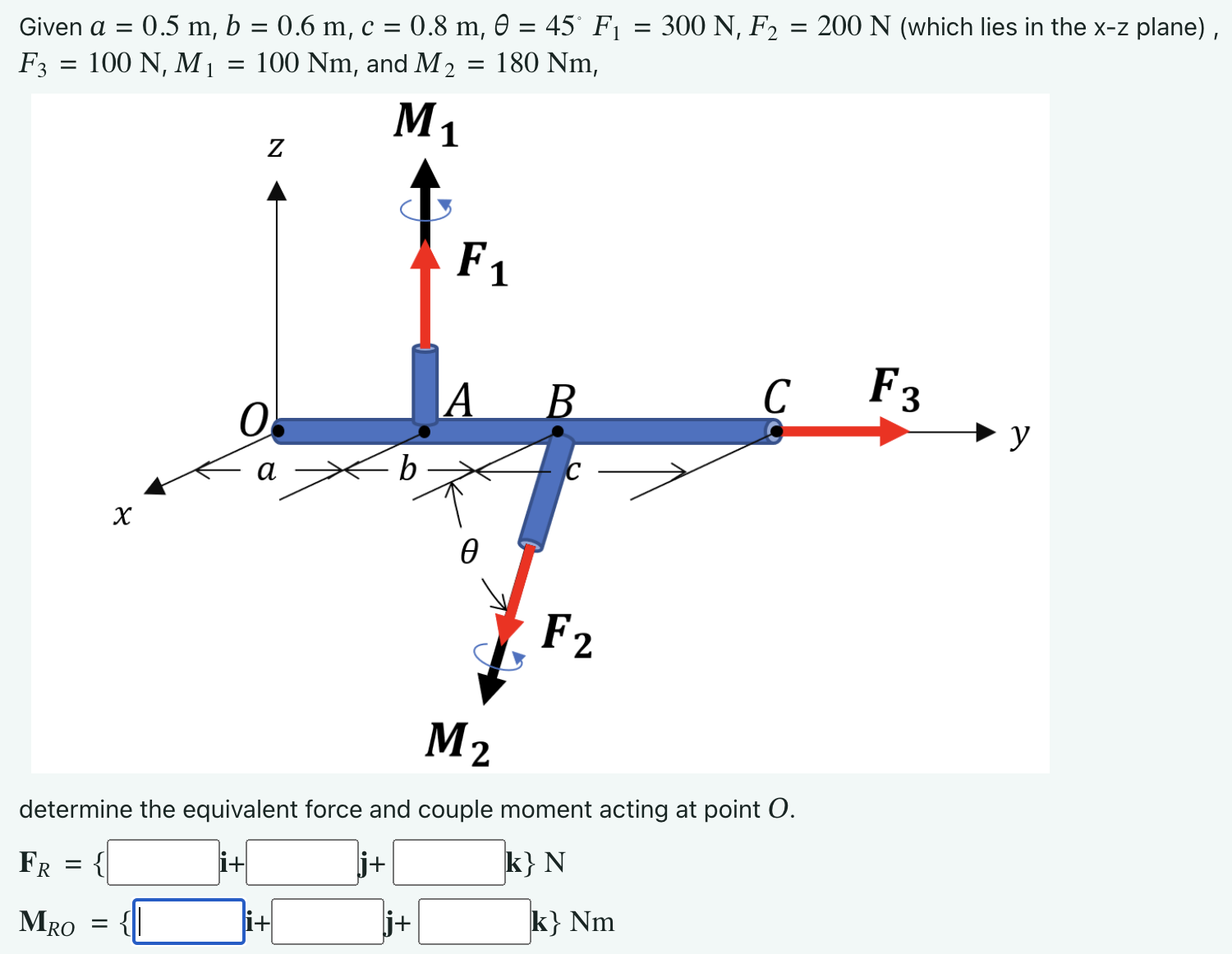 m, d = 10 N/m, e = 2 N/m, find the equivalent