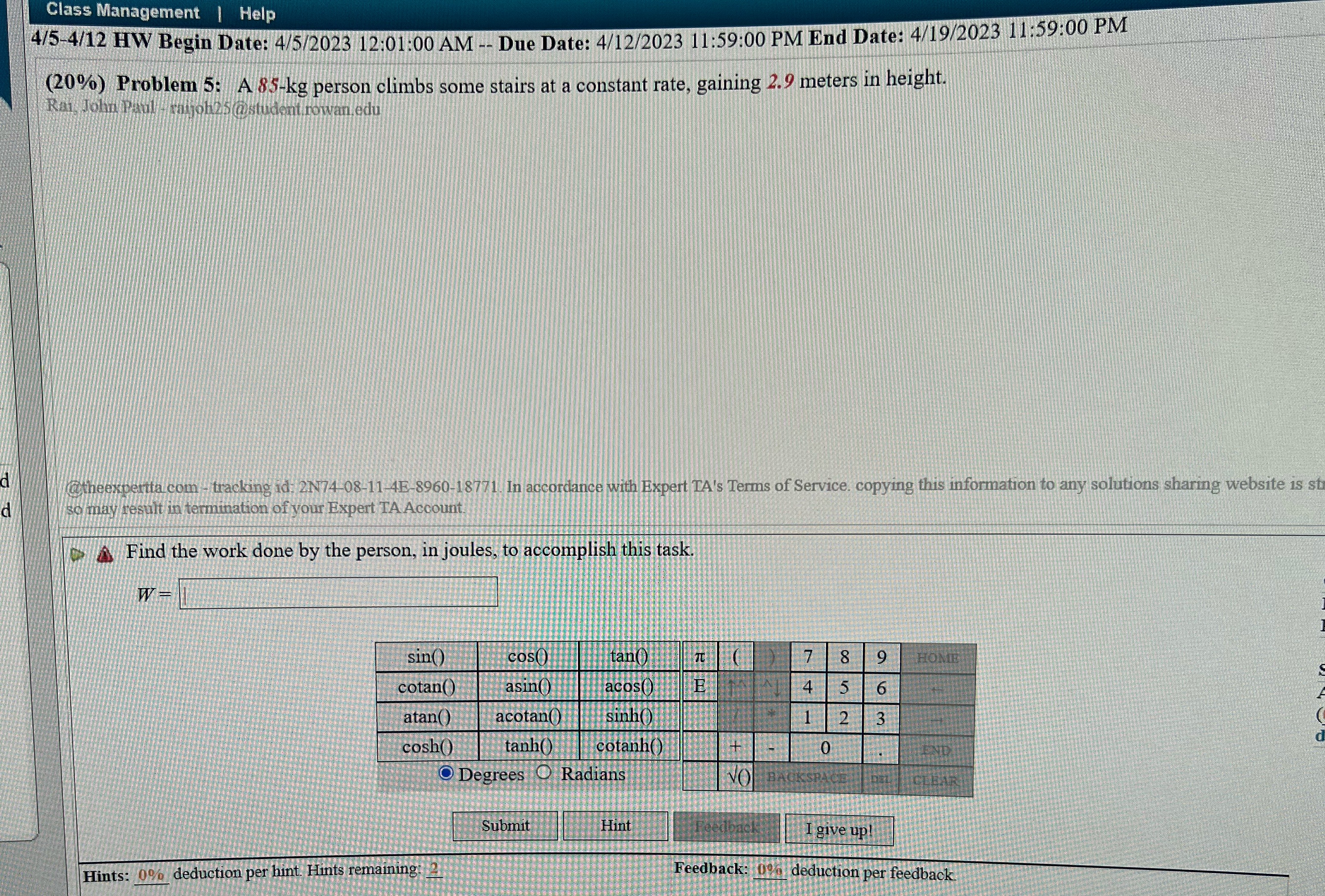 d d Class Management | Help 4/5-4/12 HW Begin Date: 4/5/2023 12:01:00