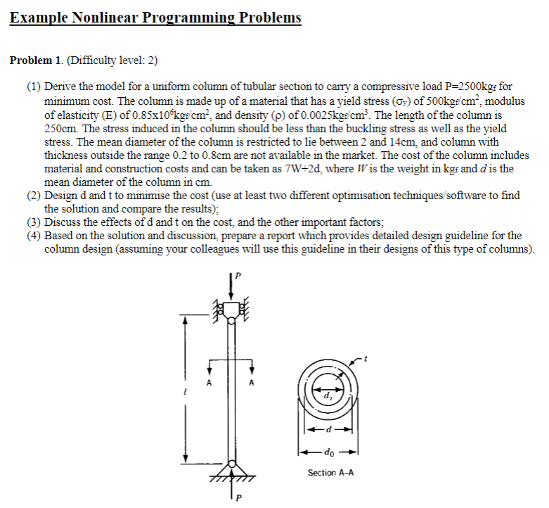 Example Nonlinear Programming Problems Problem 1. (Difficulty level: 2) (1) Derive the