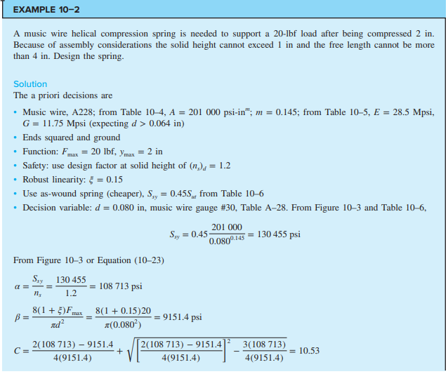 EXAMPLE 10-2 A music wire helical compression spring is needed to support