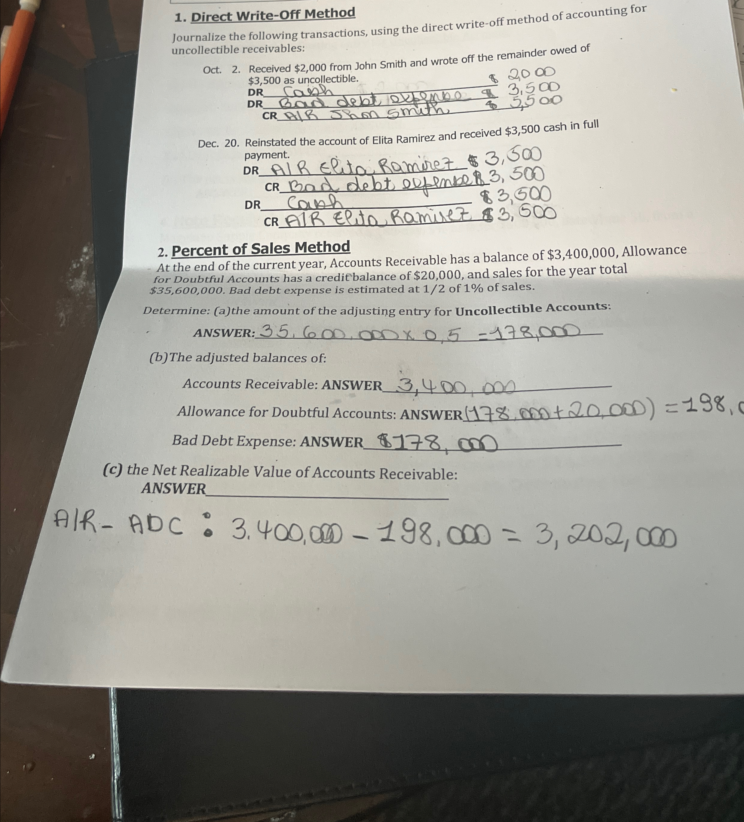 1. Direct Write-Off Method Journalize the following transactions, using the direct write-off