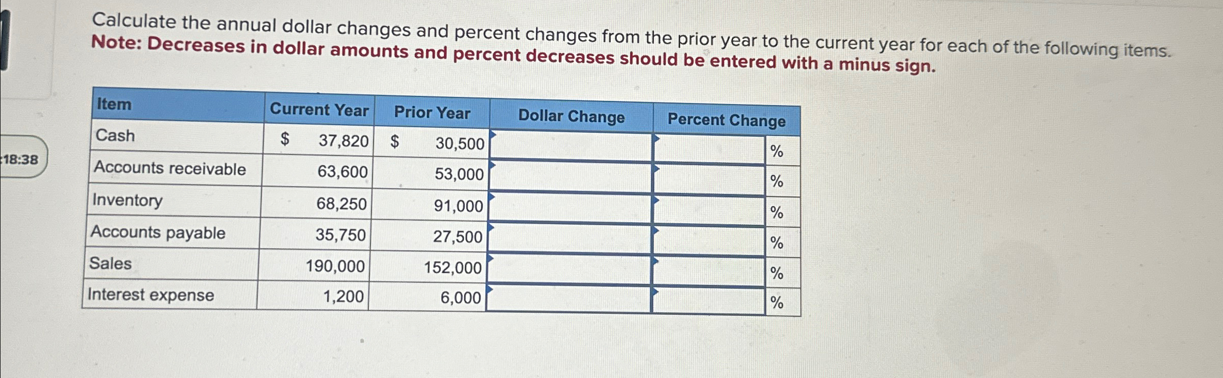 Calculate the annual dollar changes and percent changes from the prior year