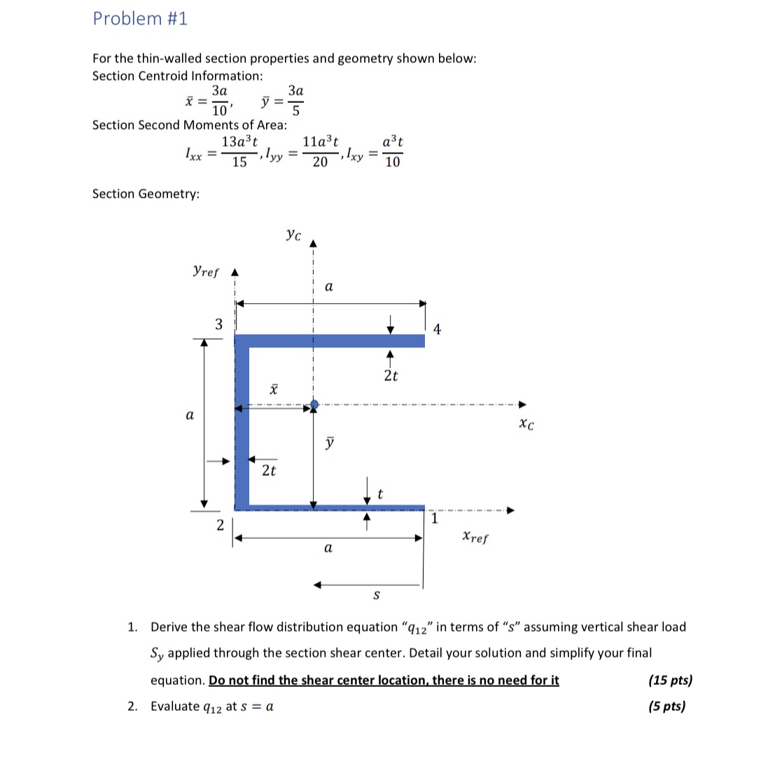 Problem #1 For the thin-walled section properties and geometry shown below: Section