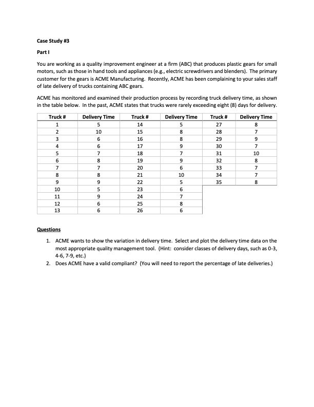 Case Study #3 Part I You are working as a quality improvement