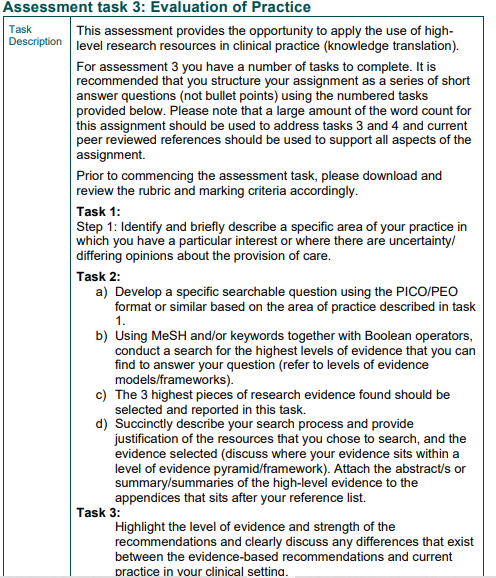 Assessment task 3: Evaluation of Practice Task This assessment provides the opportunity