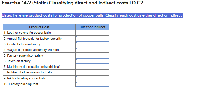 Exercise 14-2 (Static) Classifying direct and indirect costs LO C2 Listed here