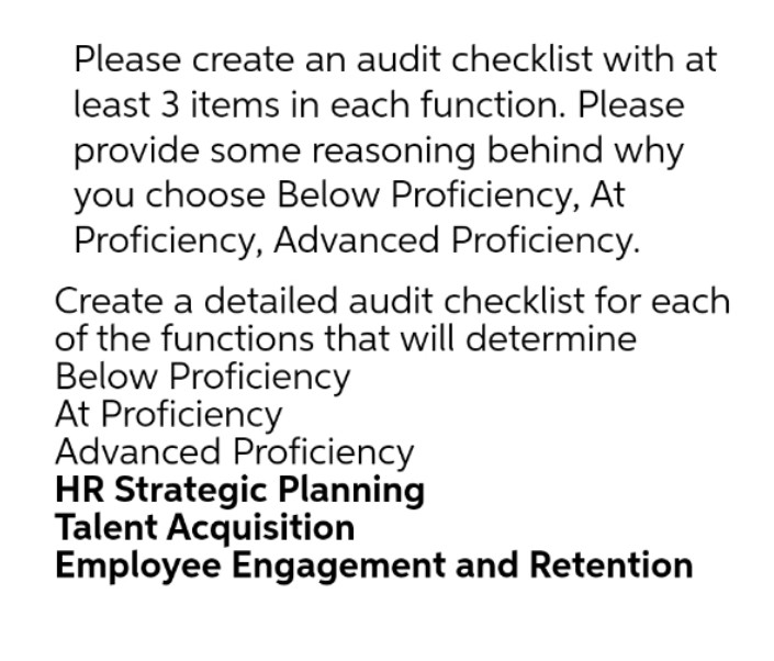 Please create an audit checklist with at least 3 items in each