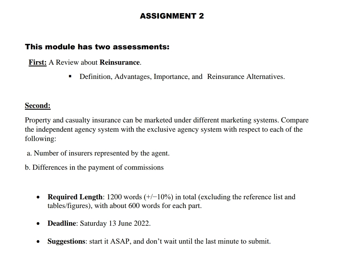 ASSIGNMENT 2 This module has two assessments: First: A Review about Reinsurance.