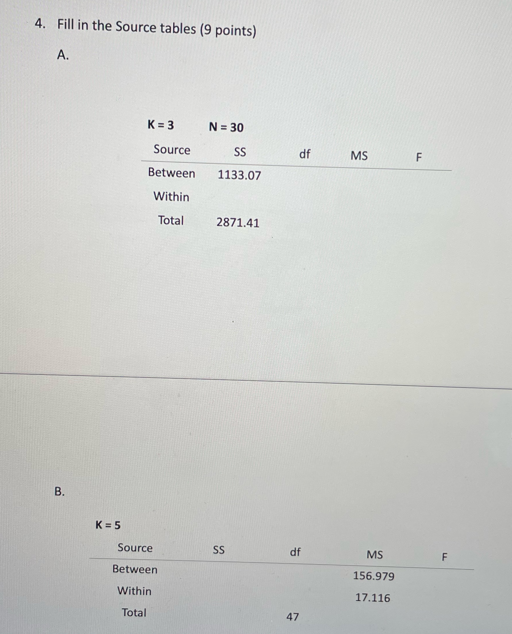 4. Fill in the Source tables (9 points) A. B. K=3 N
