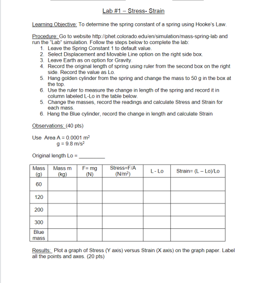 Lab #1 - Stress- Strain Learning Objective: To determine the spring constant