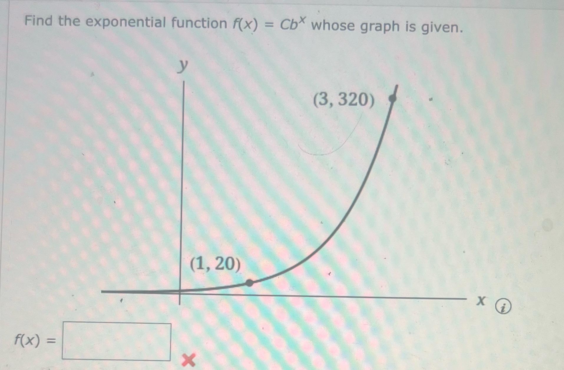 Find the exponential function f(x) = Cbx whose graph is given. y