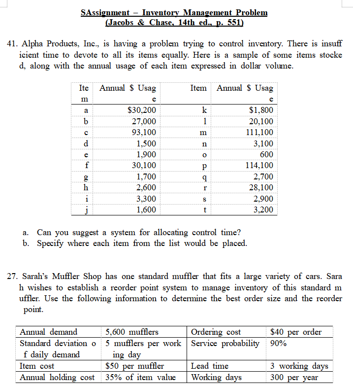 SAssignment - Inventory Management Problem (Jacobs & Chase, 14th ed., p. 551)