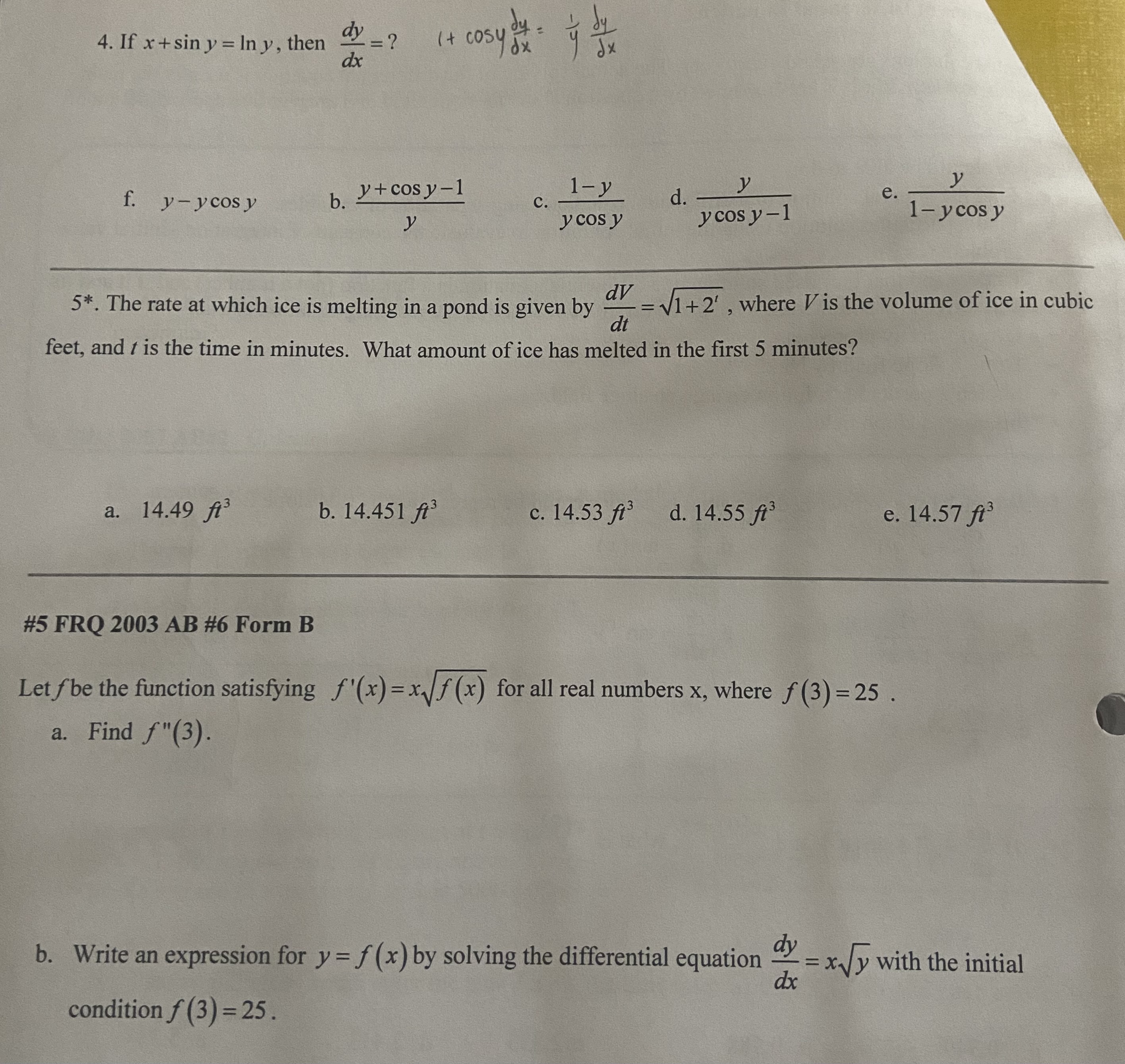 4. If x + sin y = lny, then dy =? (+