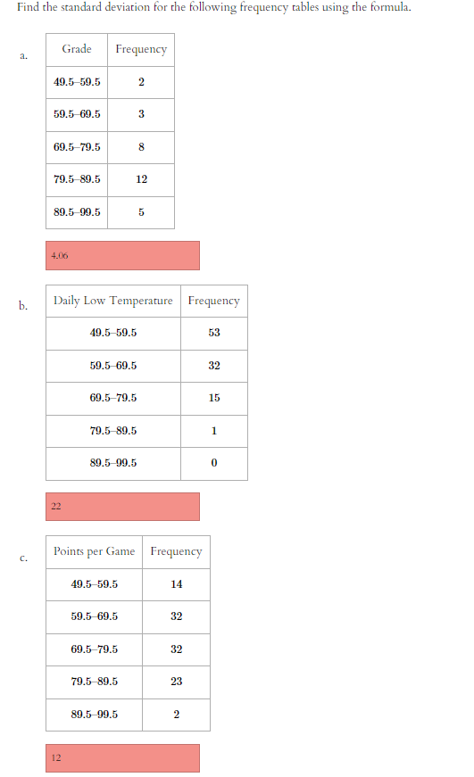Find the standard deviation for the following frequency tables using the formula.