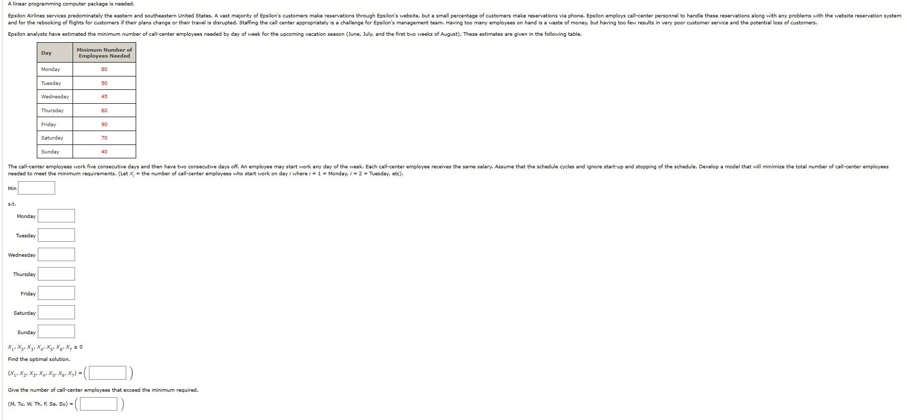 A linear programming computer package is needed. Epsilon Airlines services predominately the