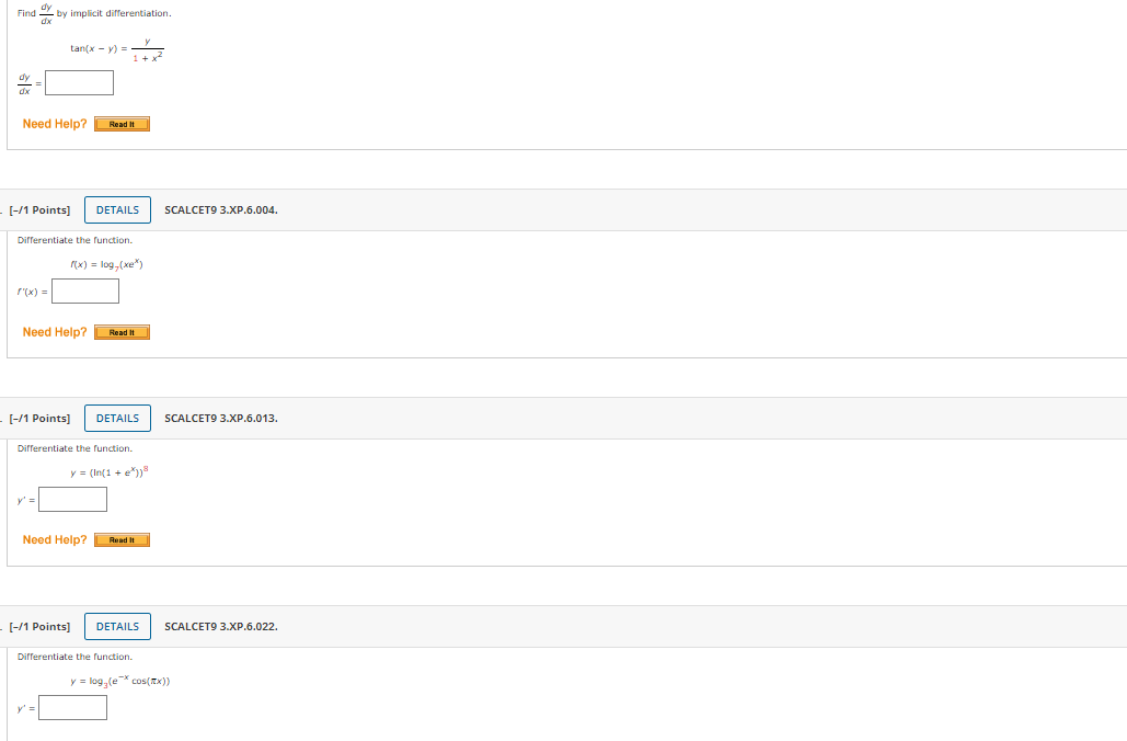 dy Find by implicit differentiation. dx tan(x - y) = Y dx