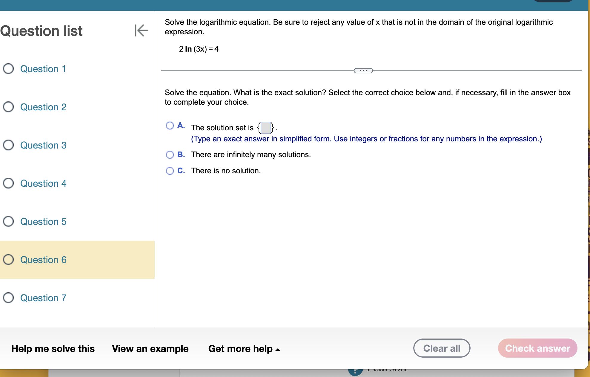 2 The solution set expressed in terms of logarithms is ). (Use