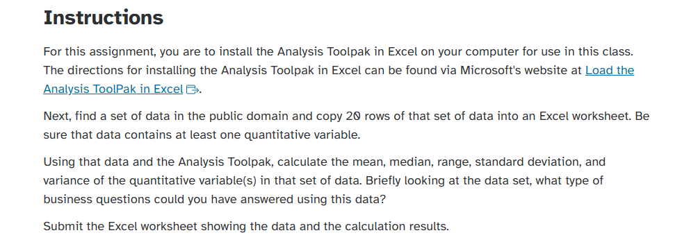Instructions For this assignment, you are to install the Analysis Toolpak in