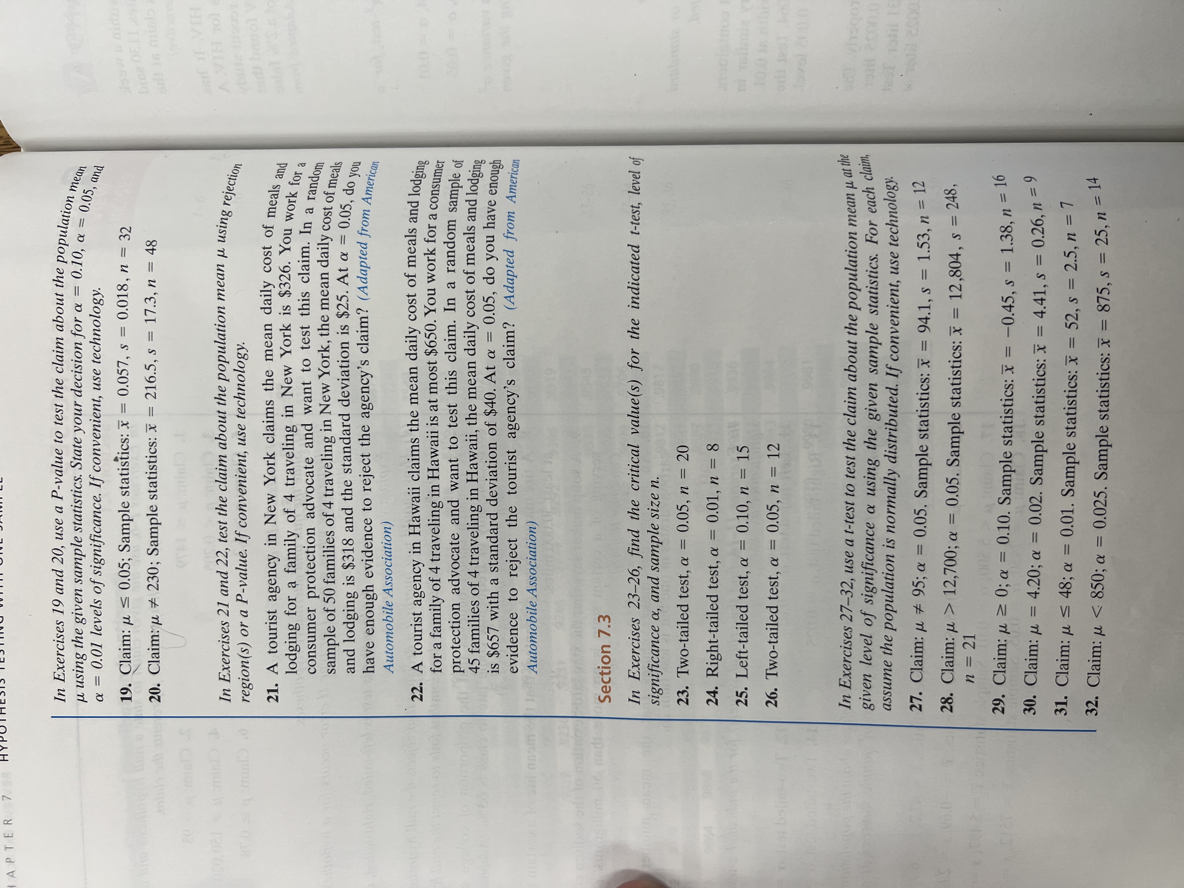 HAPTER 7 HYPOTHESIS TESTI ONL 030.021 using the given sample statistics. State