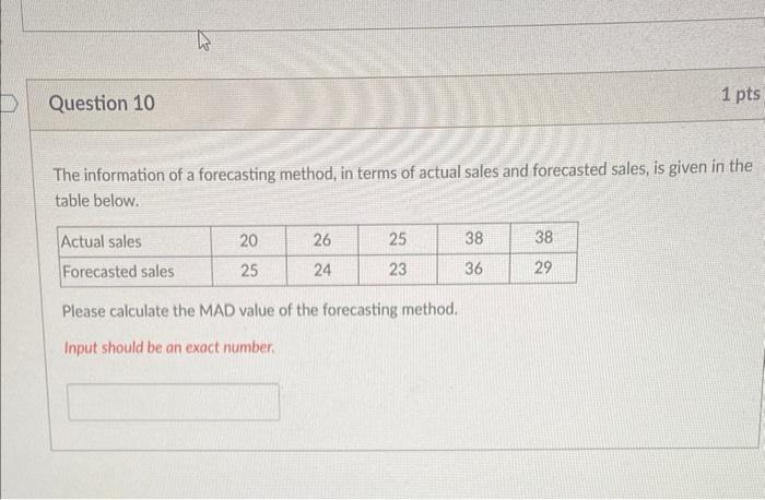 Question 10 1 pts The information of a forecasting method, in terms
