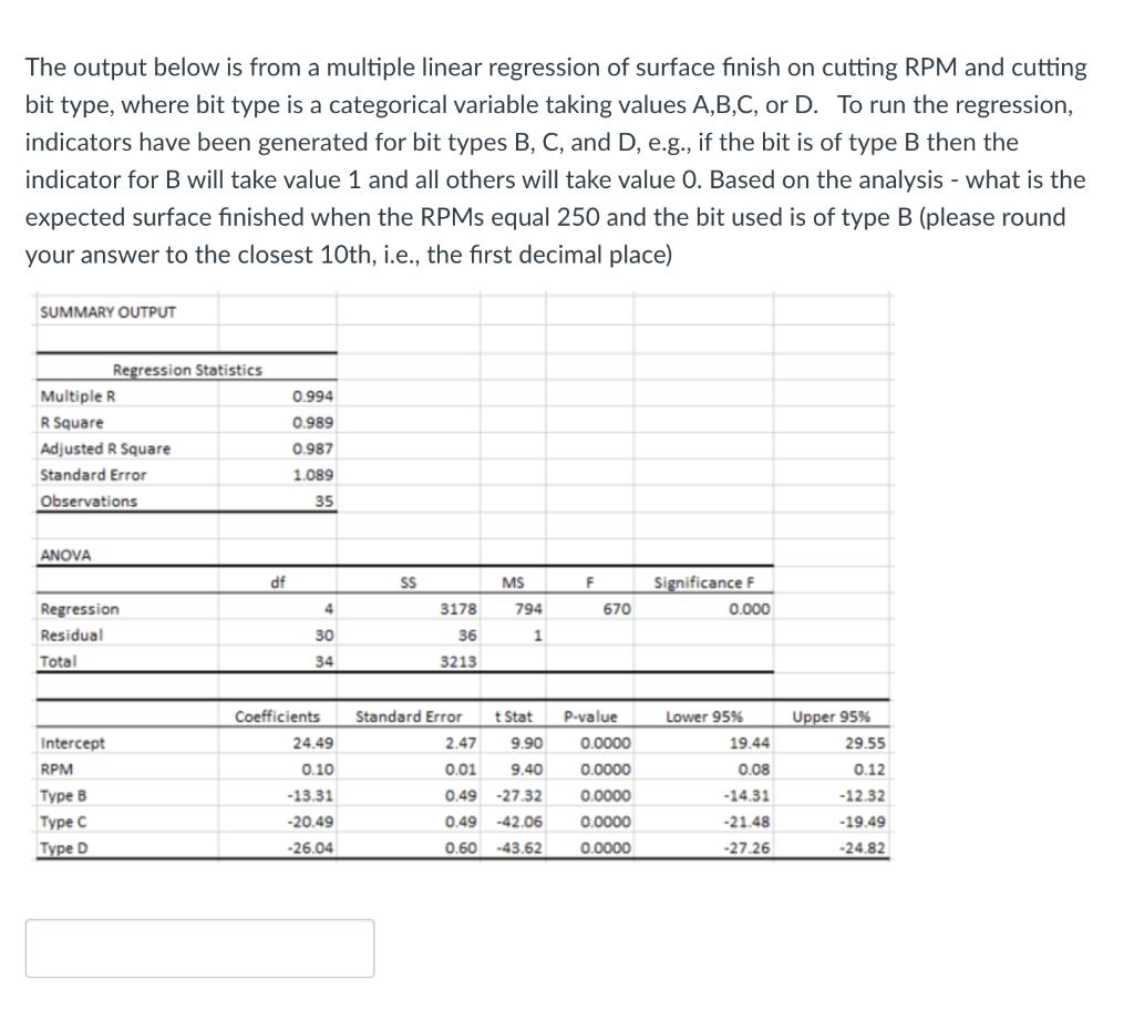 The output below is from a multiple linear regression of surface finish