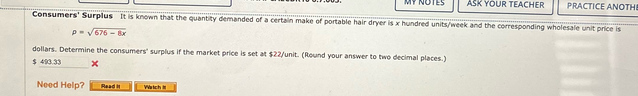 MY NOTES ASK YOUR TEACHER PRACTICE ANOTHE Consumers' Surplus It is known